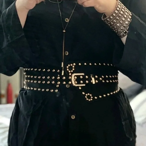 Black vegan faux suede corset gold studs punk wide boho waist belt - Picture 9 of 14